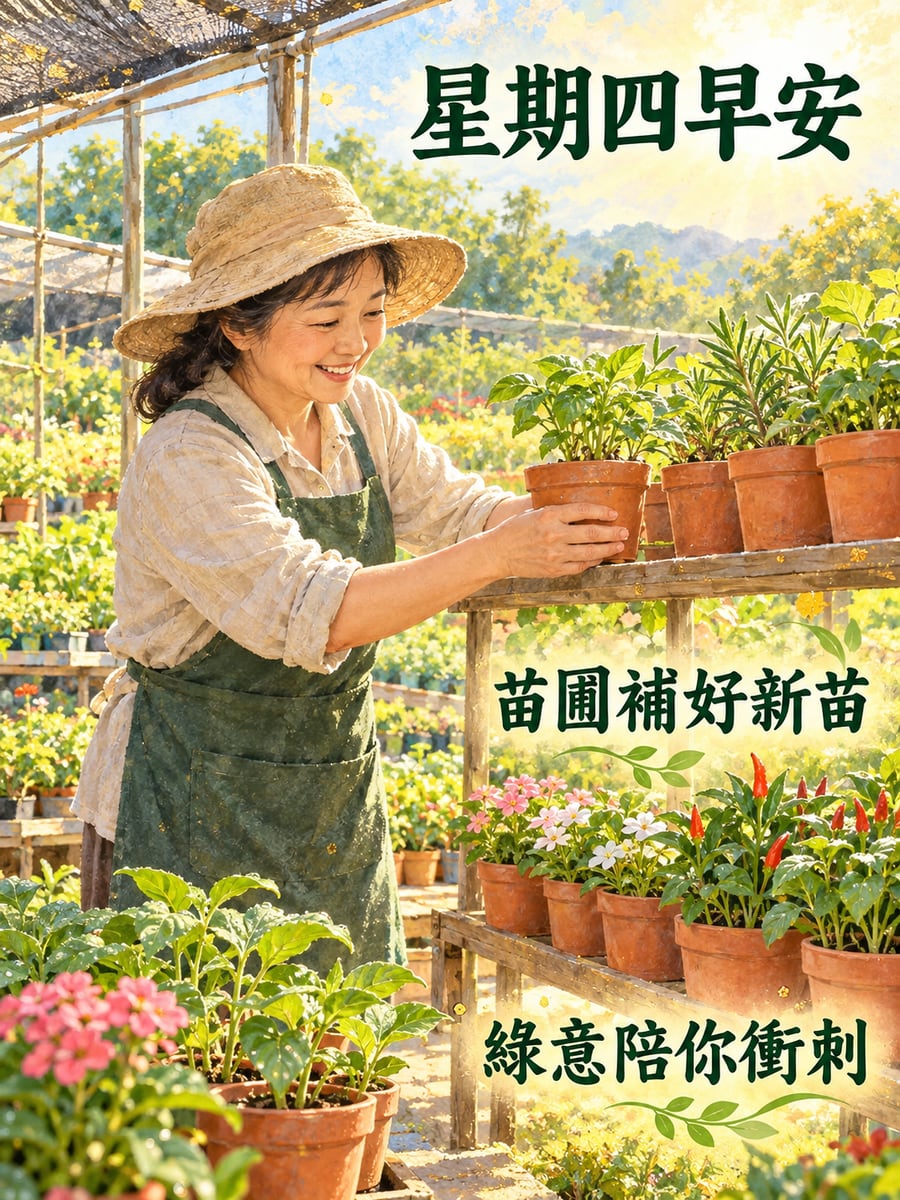 苗圃補上新的小盆栽。圖中文字：星期四早安，苗圃補好新苗，綠意陪你衝刺