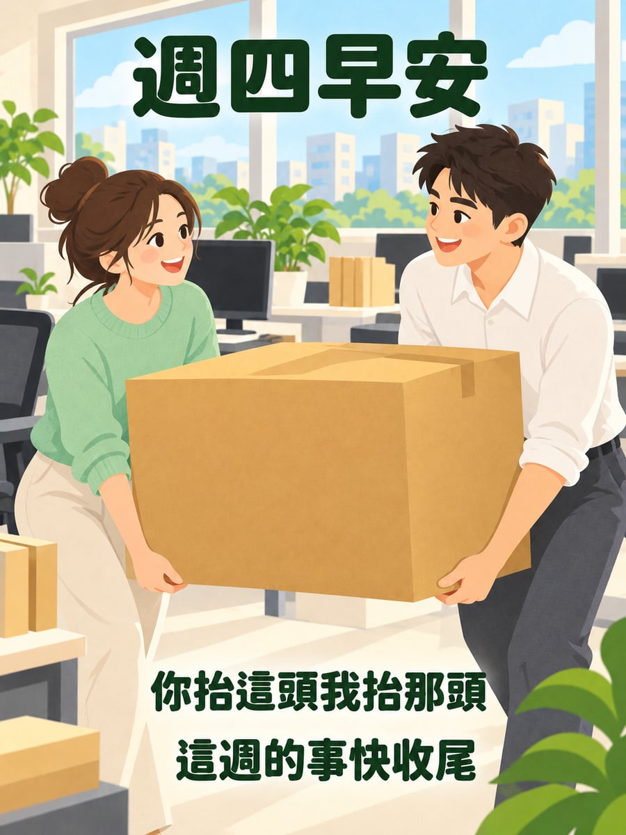 同事一起抬紙箱。圖中文字：週四早安，你抬這頭我抬那頭，這週的事快收尾