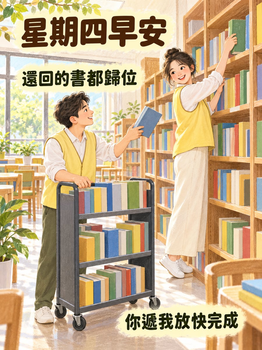 館員同事把書放回書架。圖中文字：星期四早安，還回的書都歸位，你遞我放快完成