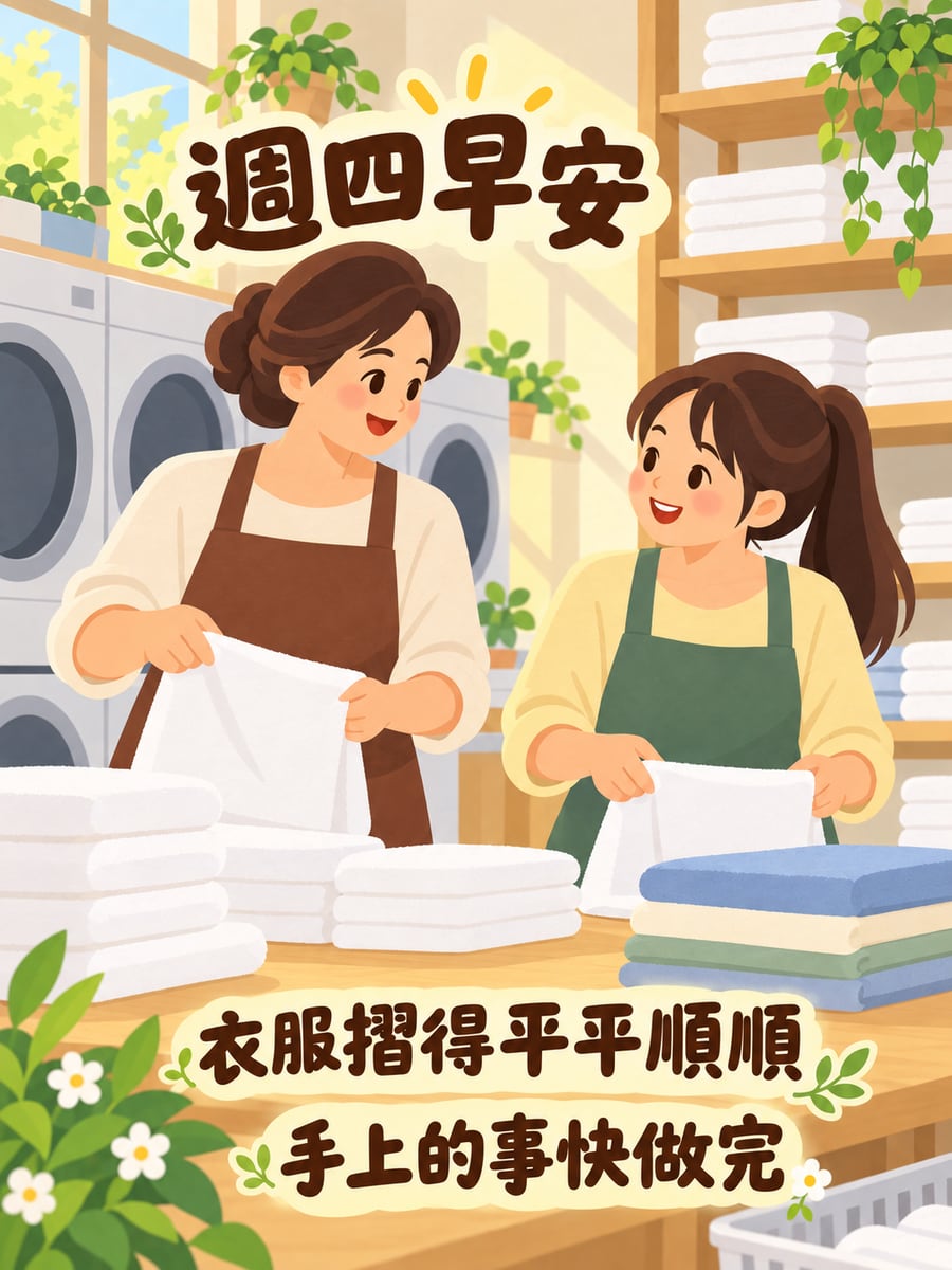 洗衣店摺好一疊衣服。圖中文字：週四早安，衣服摺得平平順順，手上的事快做完