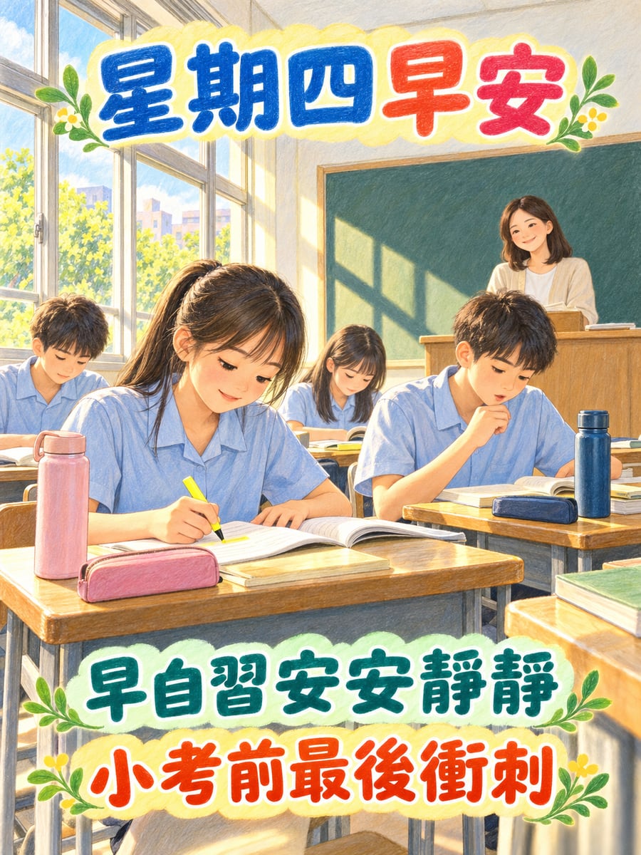 早自習安靜複習。圖中文字：星期四早安，早自習安安靜靜，小考前最後衝刺