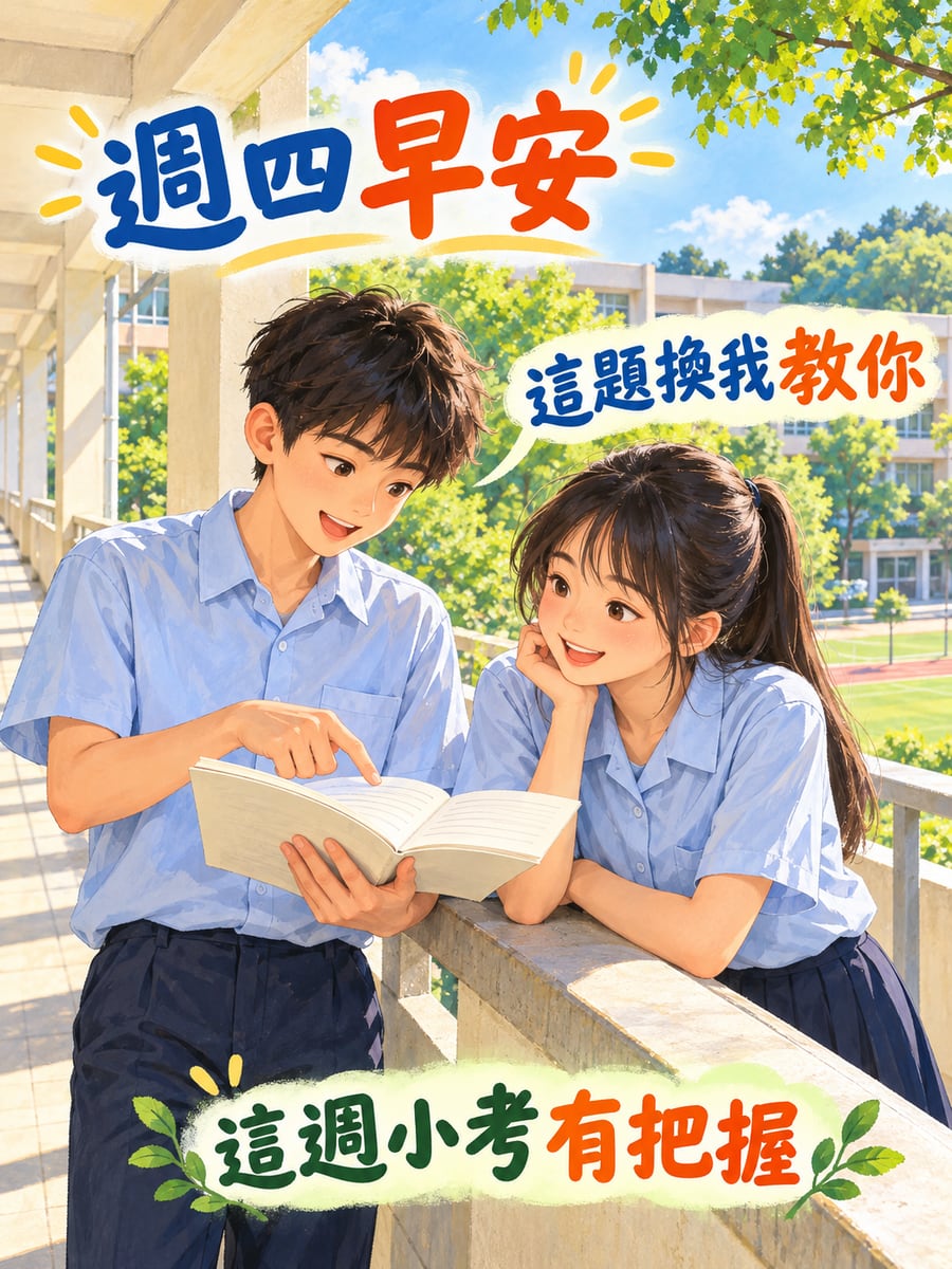 走廊上同學互教題目。圖中文字：週四早安，這題換我教你，這週小考有把握