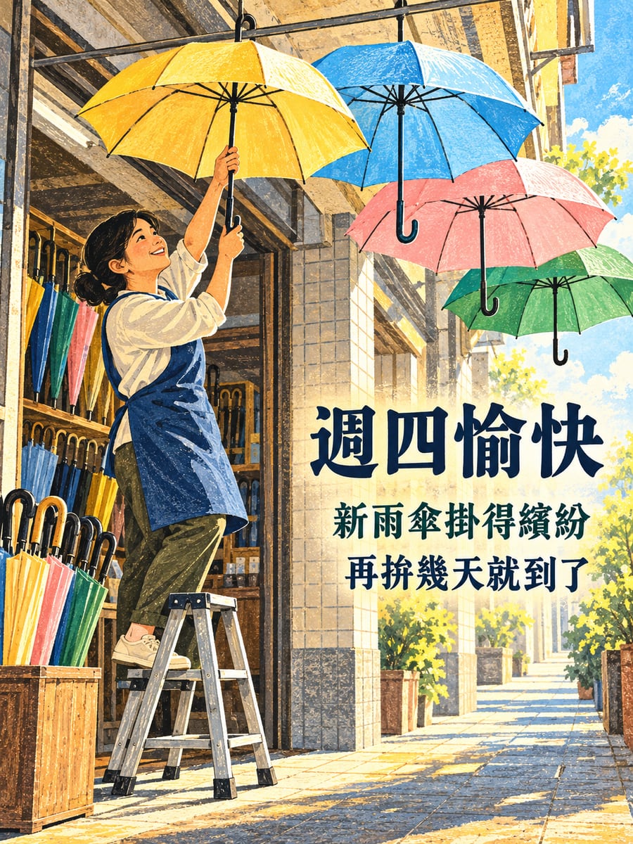 雨傘行掛上新雨傘。圖中文字：週四愉快，新雨傘掛得繽紛，再拚幾天就到了