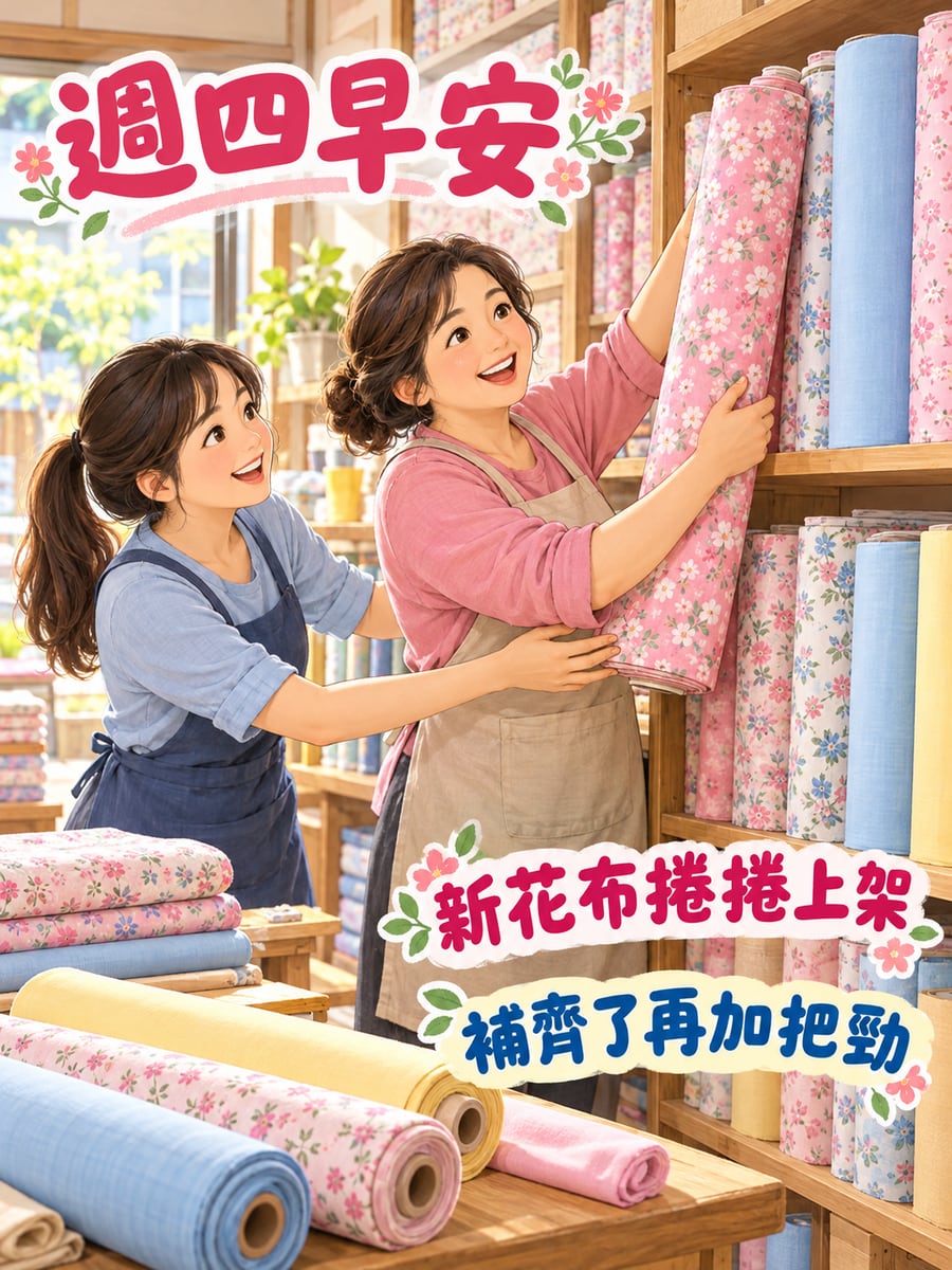 布莊排上新到的花布。圖中文字：週四早安，新花布捲捲上架，補齊了再加把勁