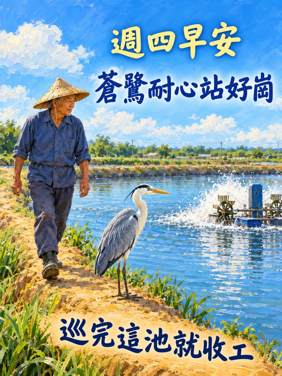 魚塭堤岸上的蒼鷺。圖中文字：週四早安，蒼鷺耐心站好崗，巡完這池就收工