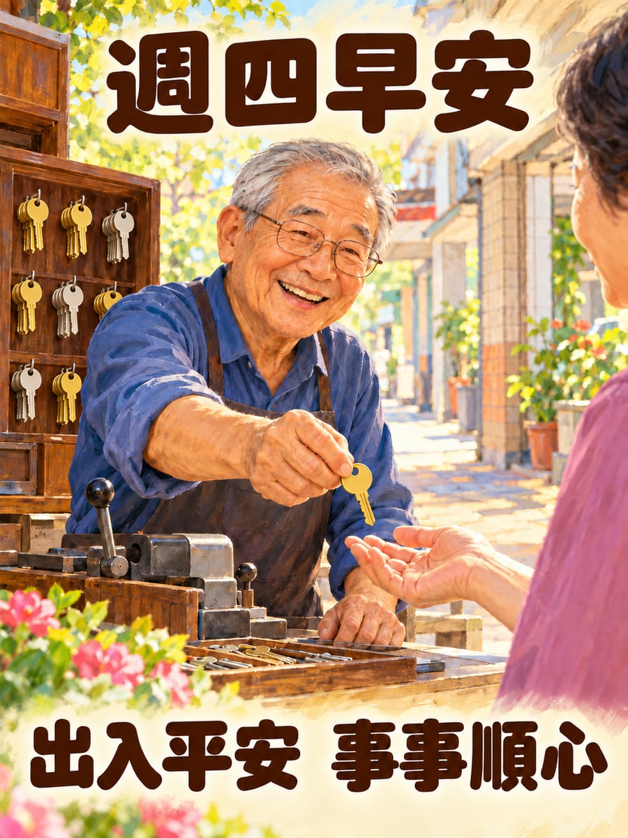 鎖匠阿伯打好新鑰匙。圖中文字：週四早安，出入平安，事事順心