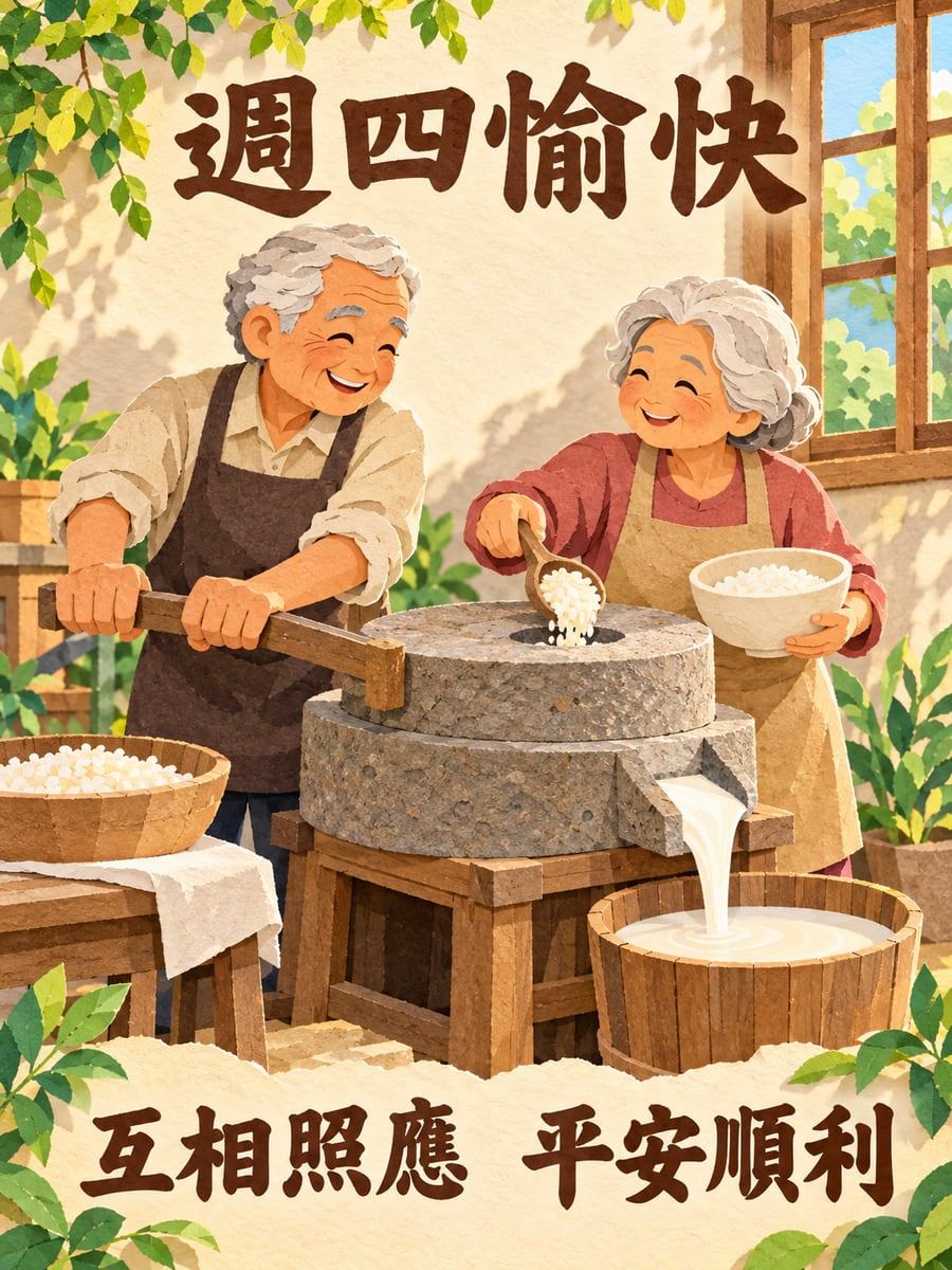 老夫妻推石磨磨米漿。圖中文字：週四愉快，互相照應，平安順利