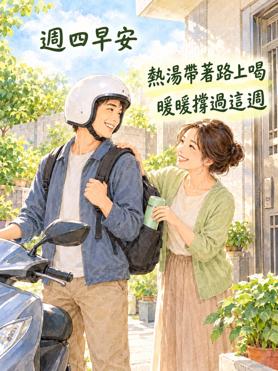 出門前塞進保溫瓶。圖中文字：週四早安，熱湯帶著路上喝，暖暖撐過這週