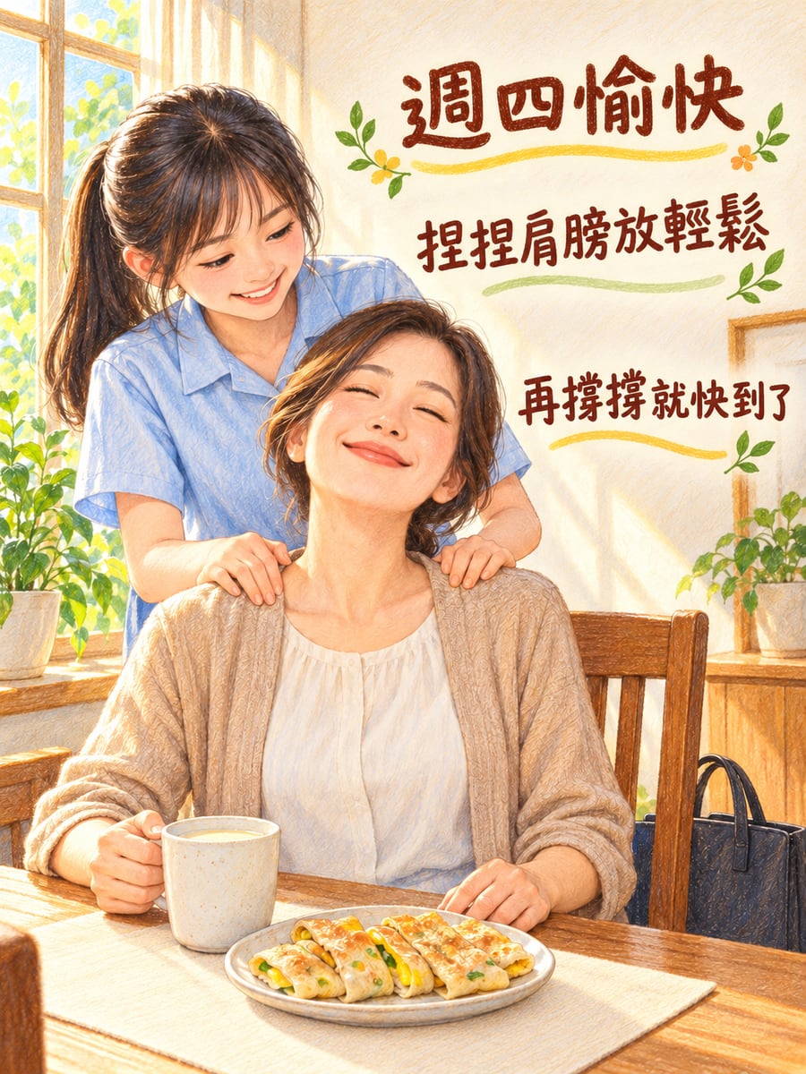 女兒幫媽媽捏捏肩。圖中文字：週四愉快，捏捏肩膀放輕鬆，再撐撐就快到了