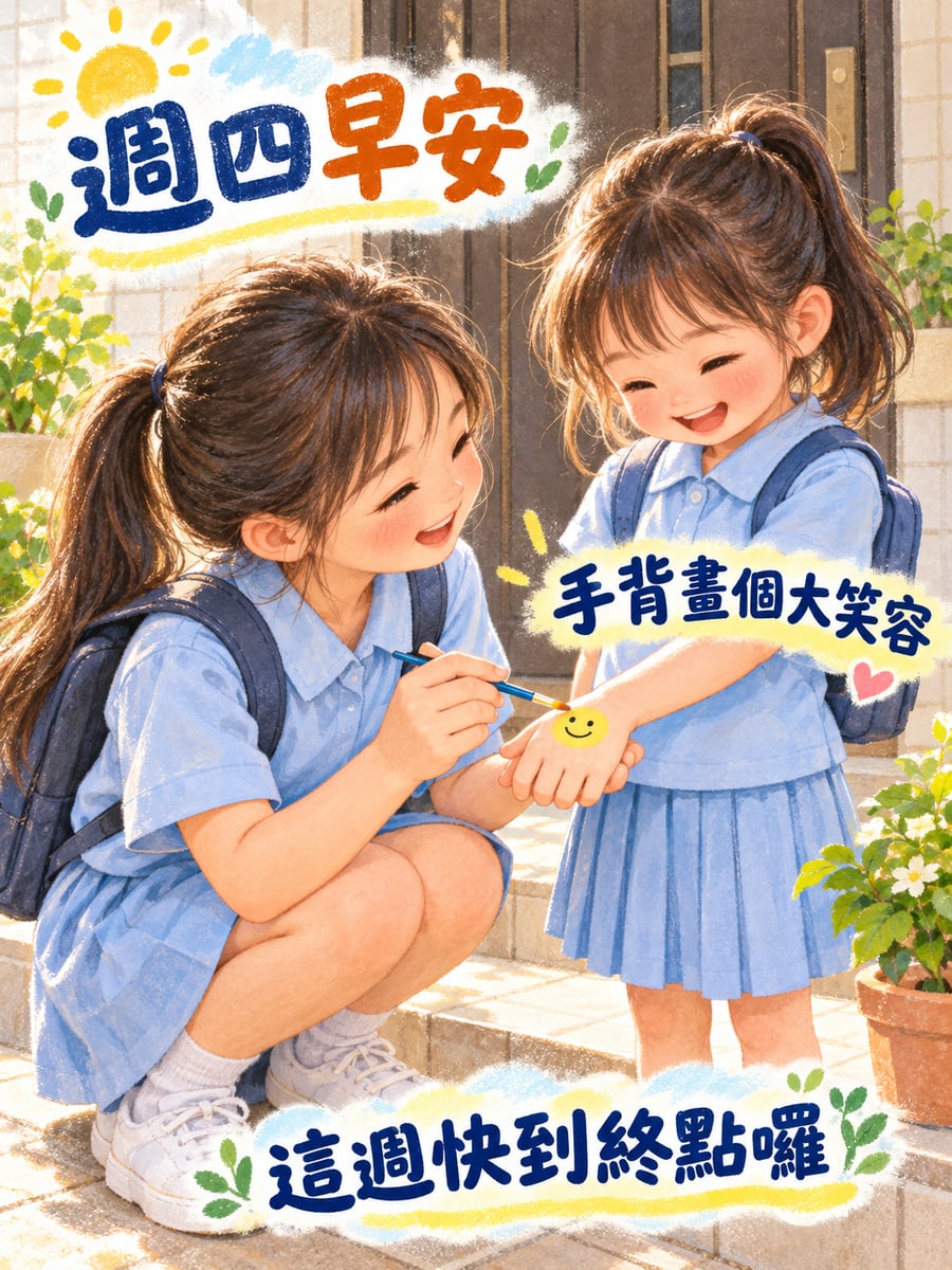 手背上的小笑容。圖中文字：週四早安，手背畫個大笑容，這週快到終點囉