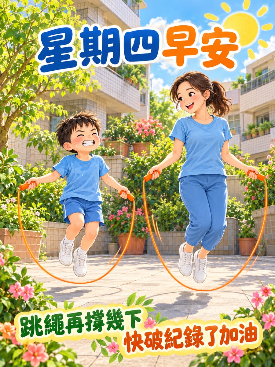 母子一起跳繩。圖中文字：星期四早安，跳繩再撐幾下，快破紀錄了加油