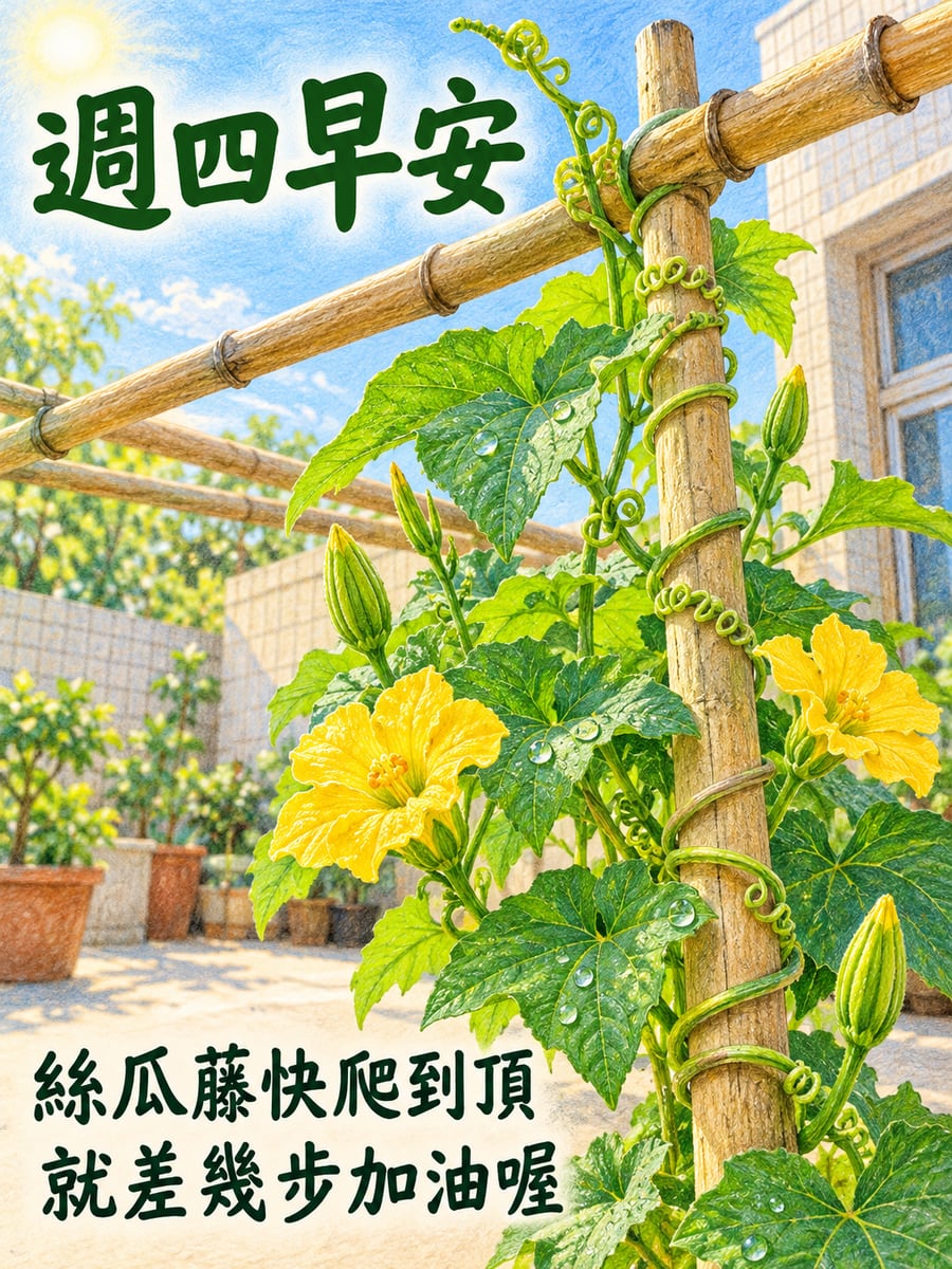 絲瓜藤快爬上棚頂。圖中文字：週四早安，絲瓜藤快爬到頂，就差幾步加油喔