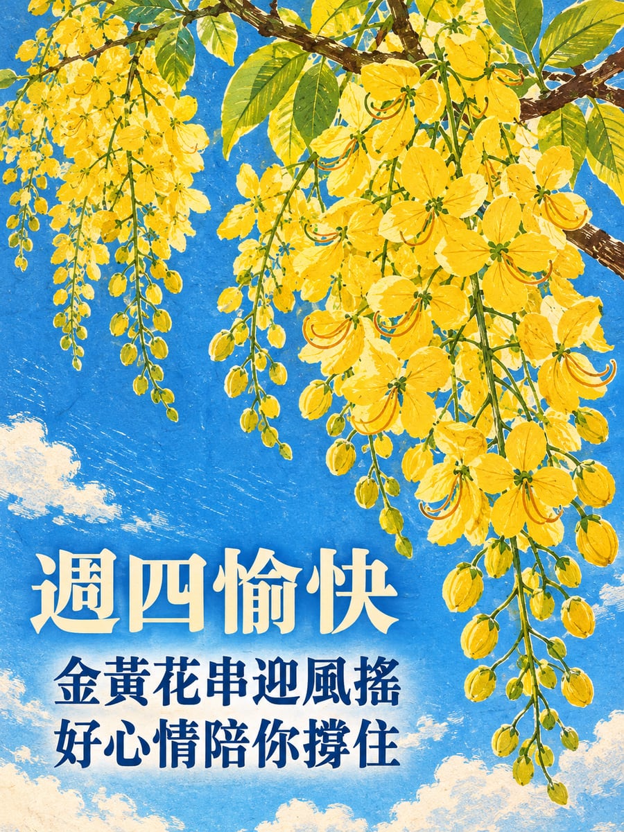 陽光穿過阿勃勒花串。圖中文字：週四愉快，金黃花串迎風搖，好心情陪你撐住
