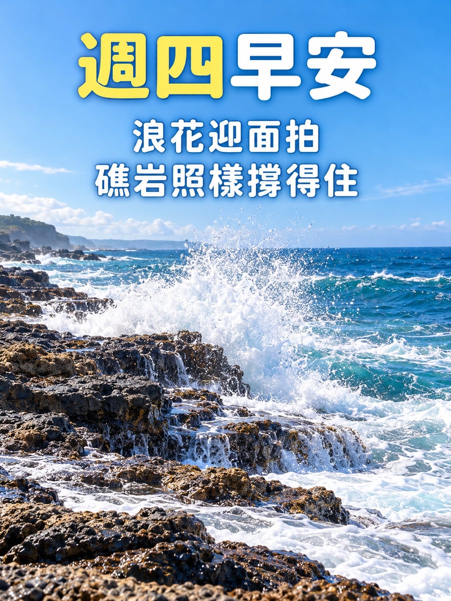 浪花拍上礁岩。圖中文字：週四早安，浪花迎面拍，礁岩照樣撐得住