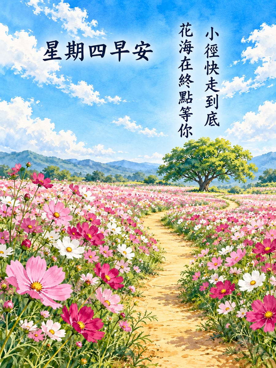 穿過波斯菊花田的小徑。圖中文字：星期四早安，小徑快走到底，花海在終點等你