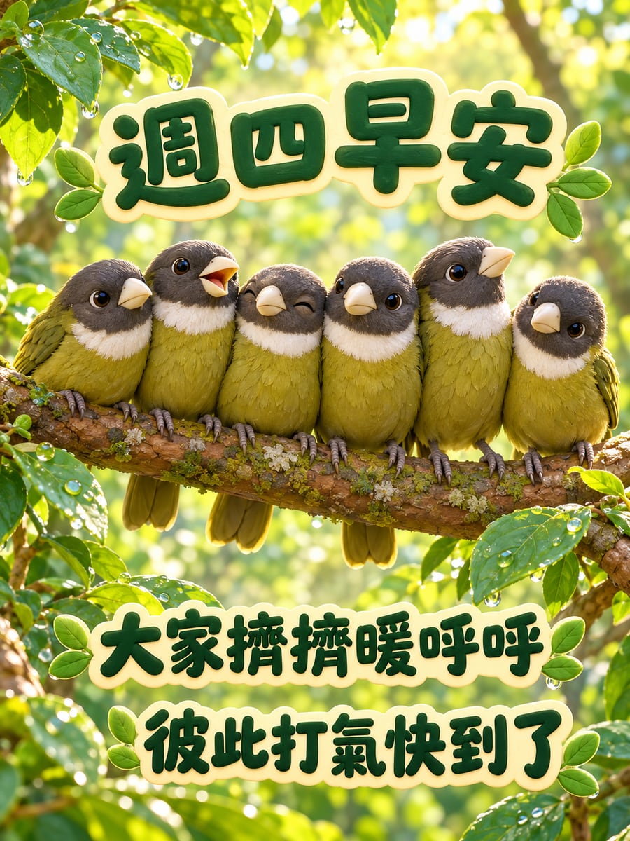 並排站好的白環鸚嘴鵯。圖中文字：週四早安，大家擠擠暖呼呼，彼此打氣快到了
