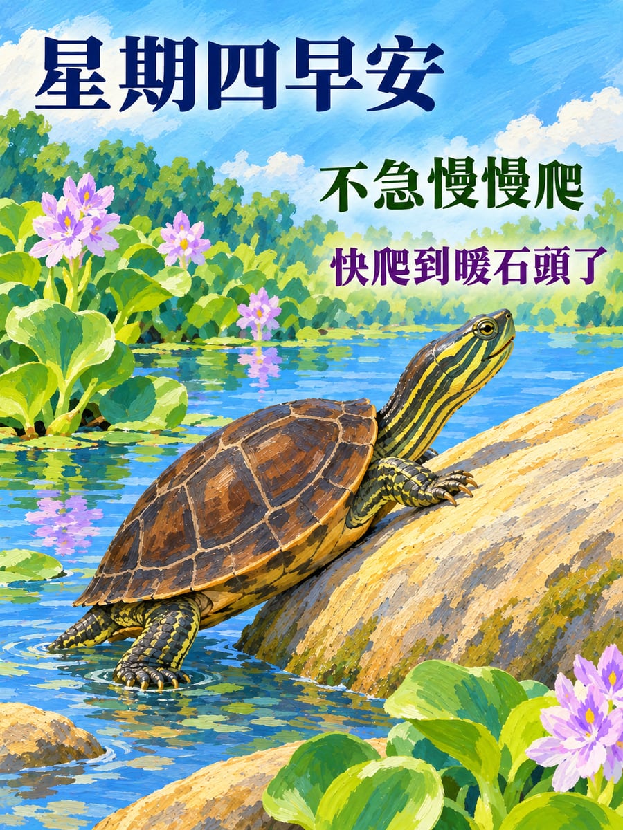 爬上暖石頭的斑龜。圖中文字：星期四早安，不急慢慢爬，快爬到暖石頭了