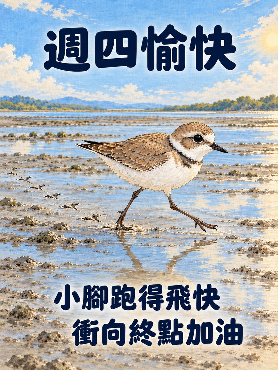 泥灘上小跑步的東方環頸鴴。圖中文字：週四愉快，小腳跑得飛快，衝向終點加油