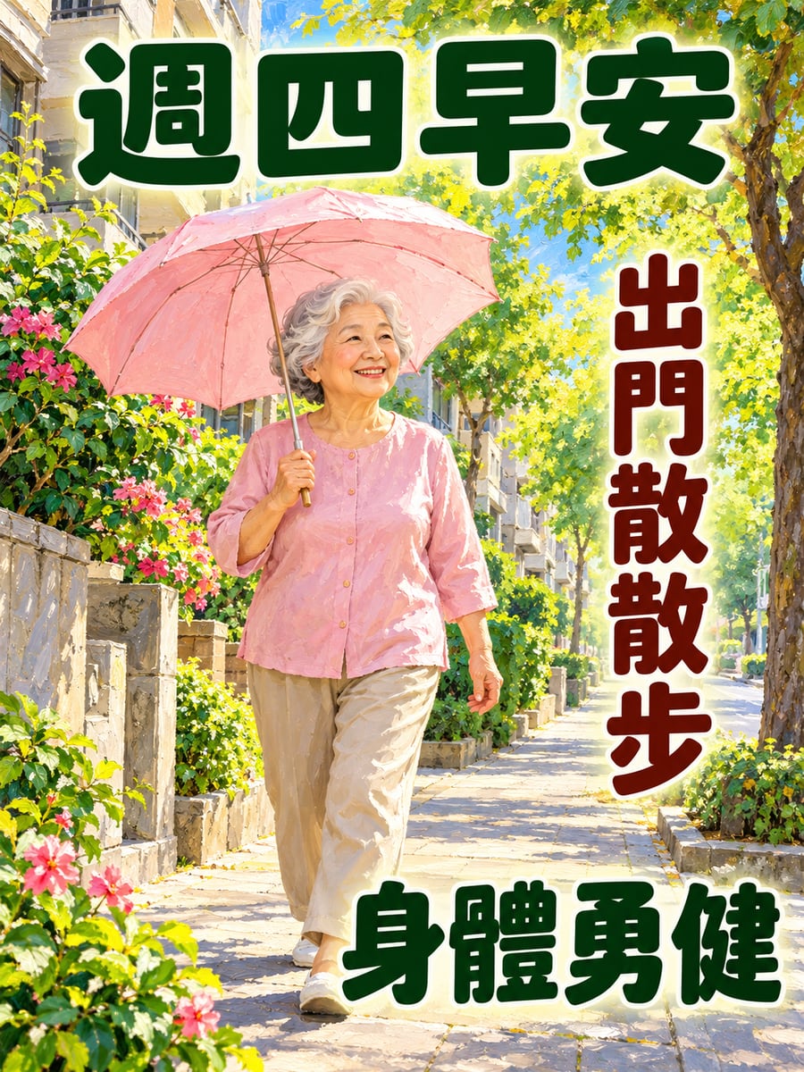 阿嬤撐著陽傘散步。圖中文字：週四早安，出門散散步，身體勇健