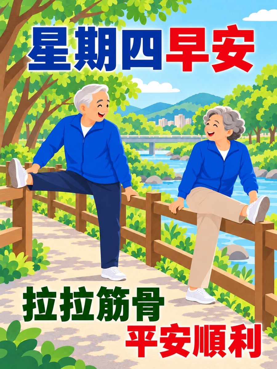 長輩在步道欄杆拉拉筋。圖中文字：星期四早安，拉拉筋骨，平安順利