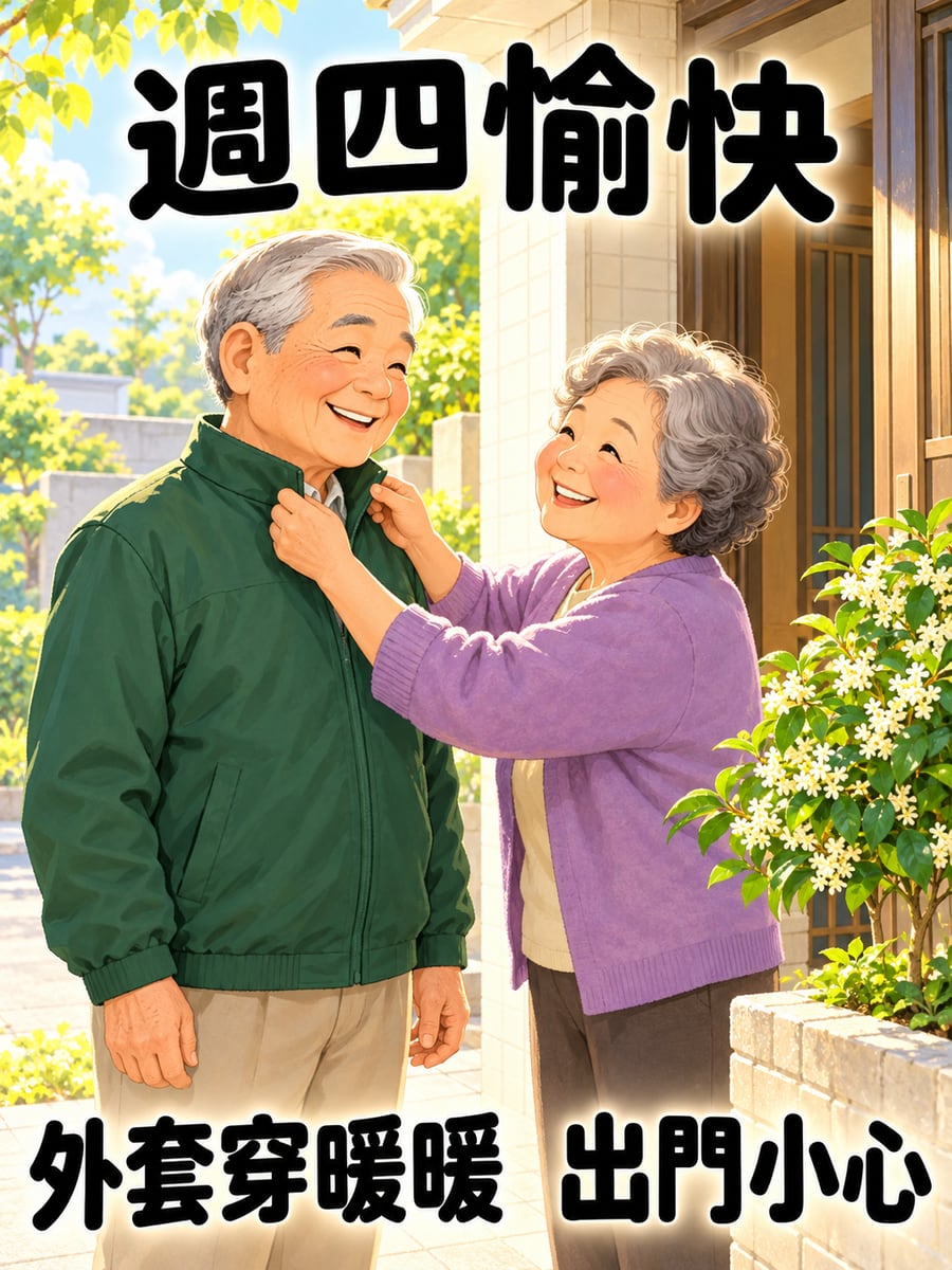 出門前替老伴拉好衣領。圖中文字：週四愉快，外套穿暖暖，出門小心