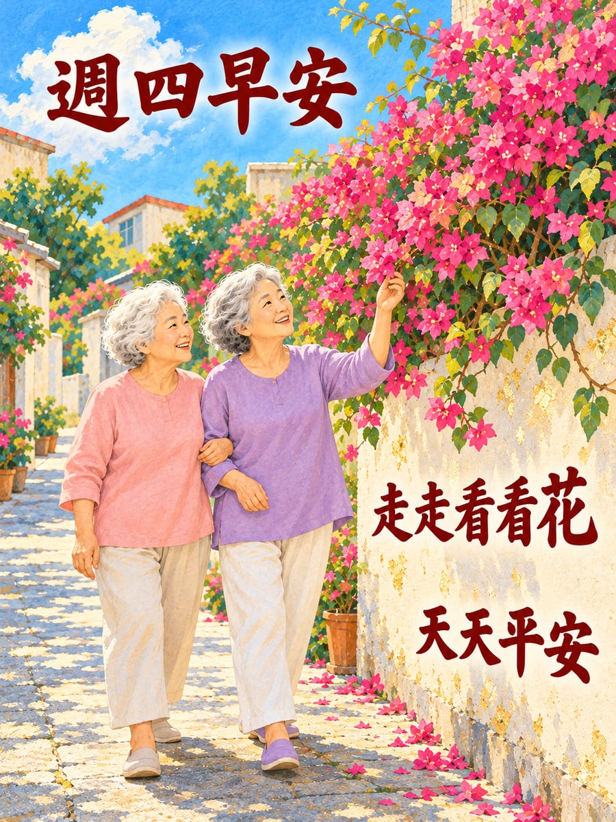 九重葛花牆邊散步。圖中文字：週四早安，走走看看花，天天平安