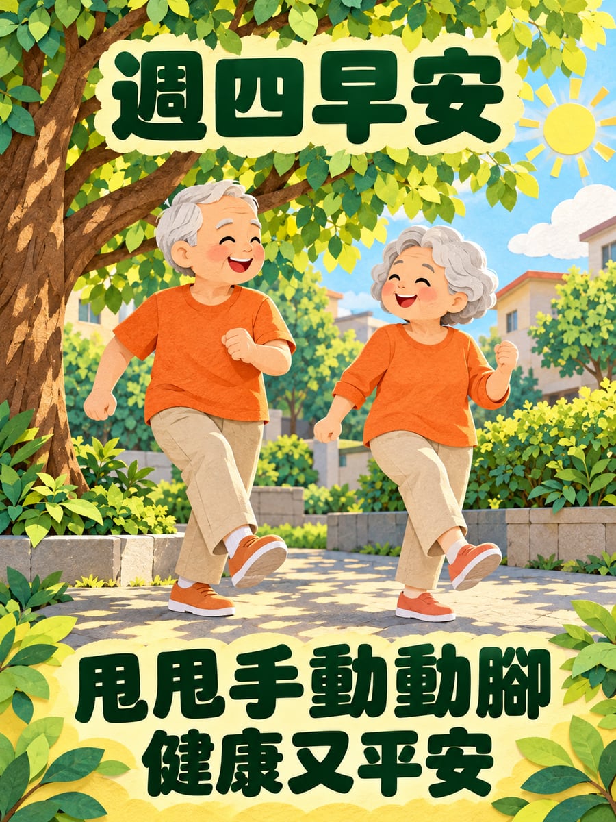 老夫妻一起甩甩手。圖中文字：週四早安，甩甩手動動腳，健康又平安