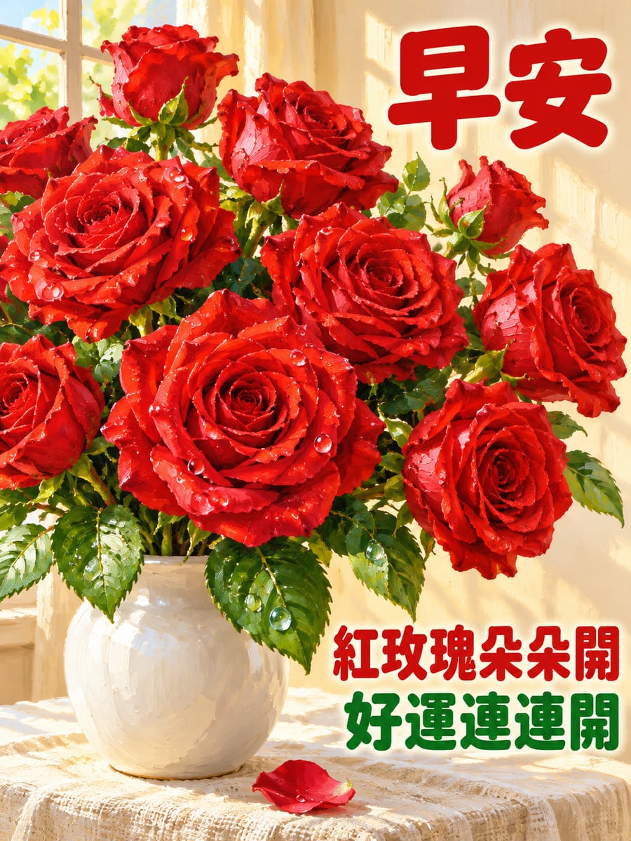 帶露水的紅玫瑰。圖中文字：早安，紅玫瑰朵朵開，好運連連開