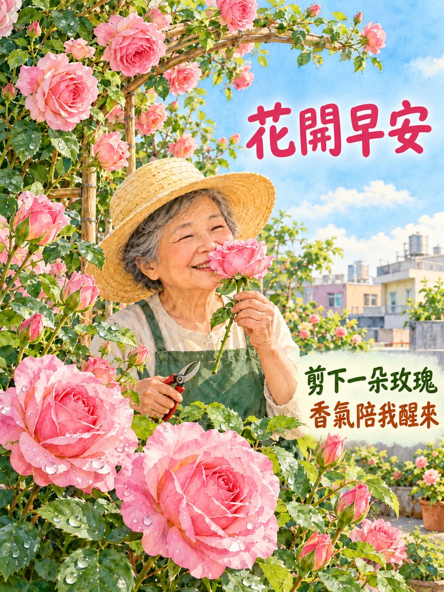 阿嬤剪玫瑰。圖中文字：花開早安，剪下一朵玫瑰，香氣陪我醒來