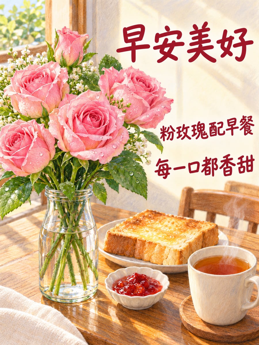 粉玫瑰與早餐。圖中文字：早安美好，粉玫瑰配早餐，每一口都香甜