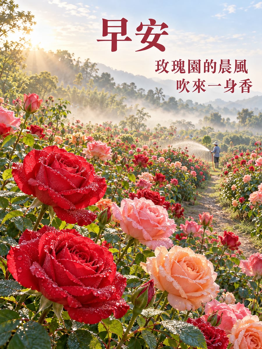 晨霧玫瑰園。圖中文字：早安，玫瑰園的晨風，吹來一身香