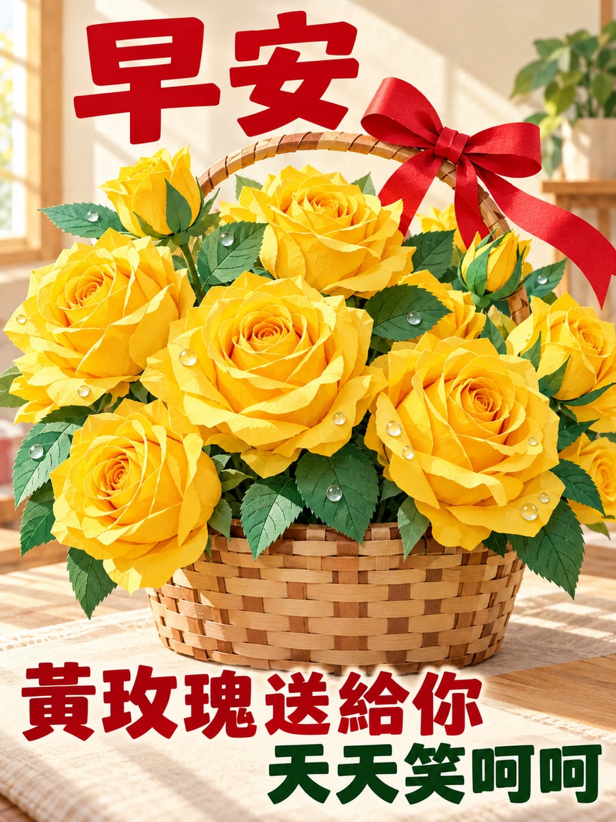黃玫瑰花籃。圖中文字：早安，黃玫瑰送給你，天天笑呵呵