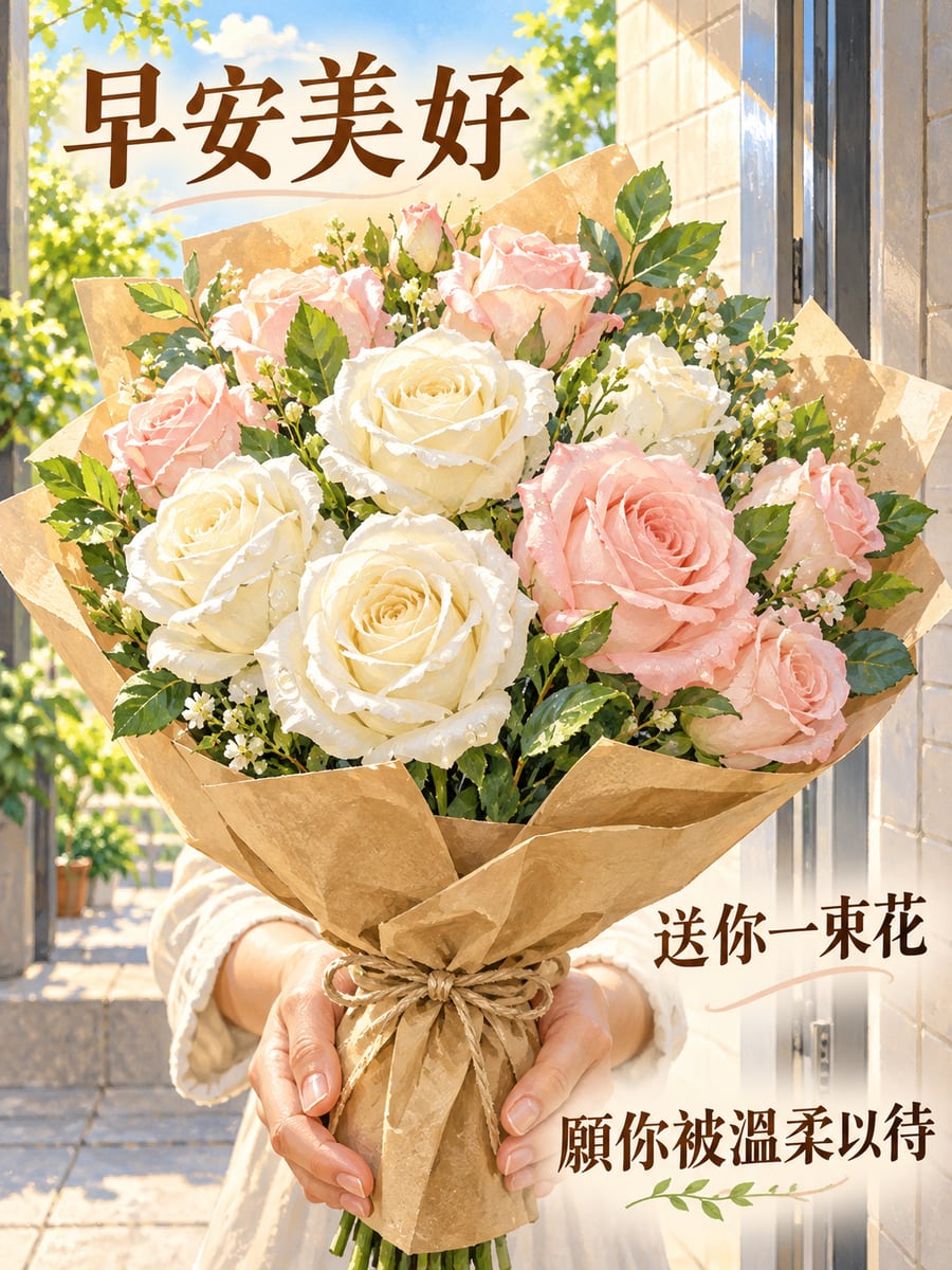 一束白玫瑰。圖中文字：早安美好，送你一束花，願你被溫柔以待