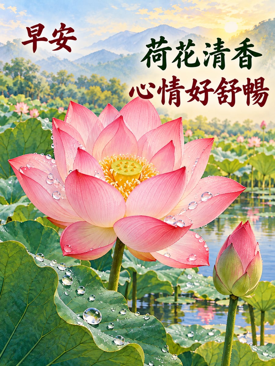 帶露的粉荷。圖中文字：早安，荷花清香，心情好舒暢