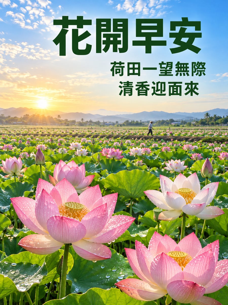 白河荷田日出。圖中文字：花開早安，荷田一望無際，清香迎面來
