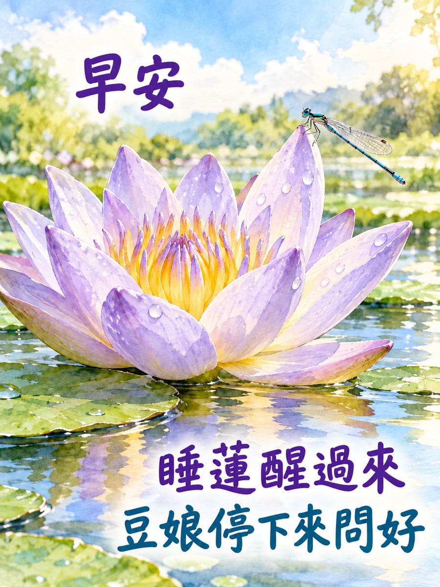 睡蓮與豆娘。圖中文字：早安，睡蓮醒過來，豆娘停下來問好