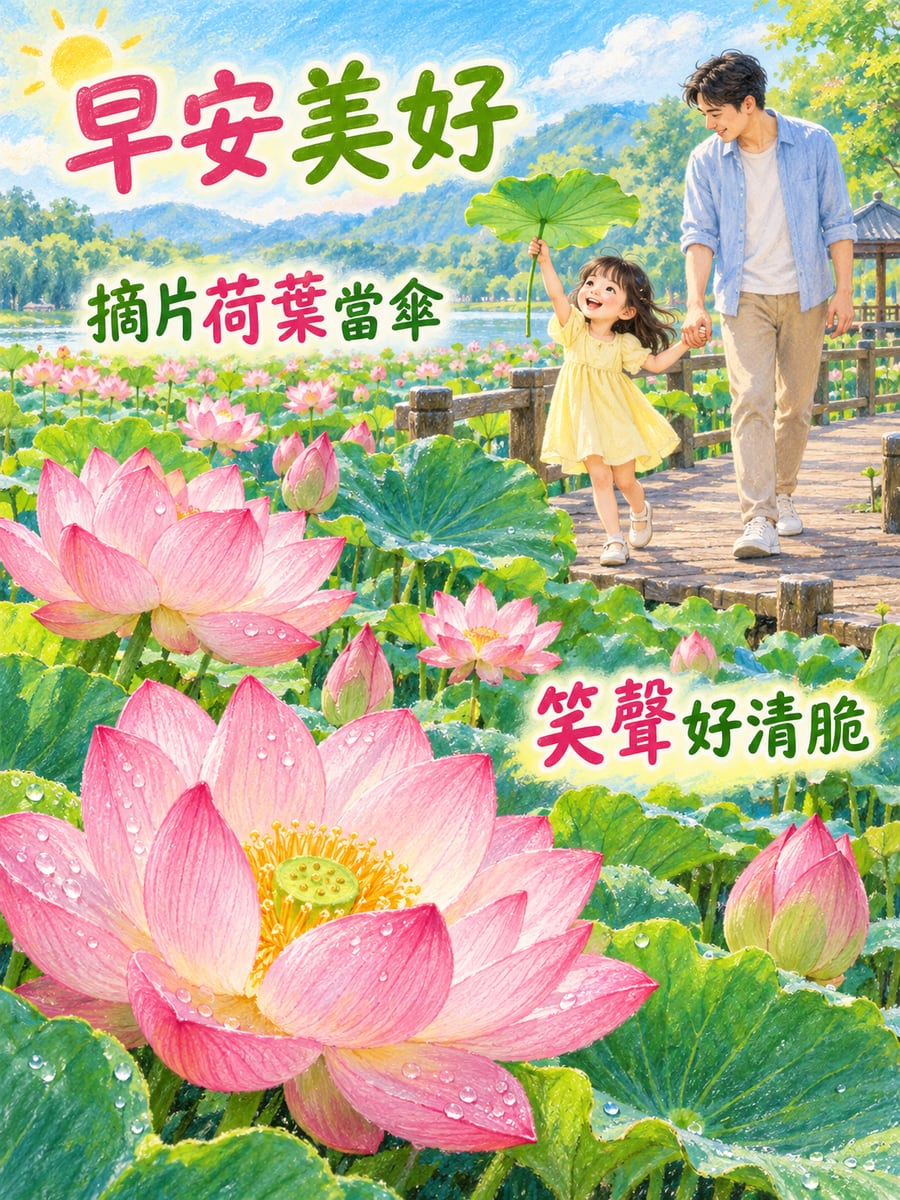 荷葉當小傘。圖中文字：早安美好，摘片荷葉當傘，笑聲好清脆