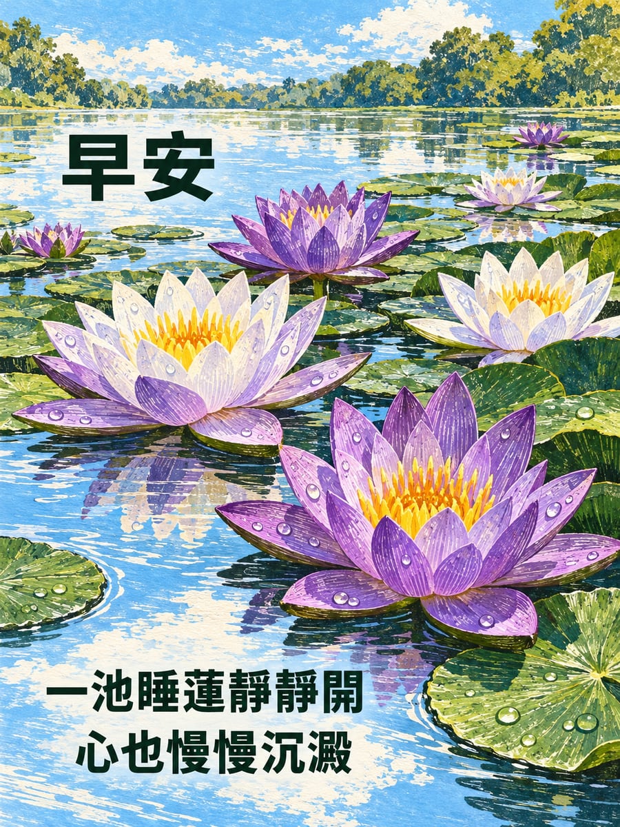 一池紫睡蓮。圖中文字：早安，一池睡蓮靜靜開，心也慢慢沉澱