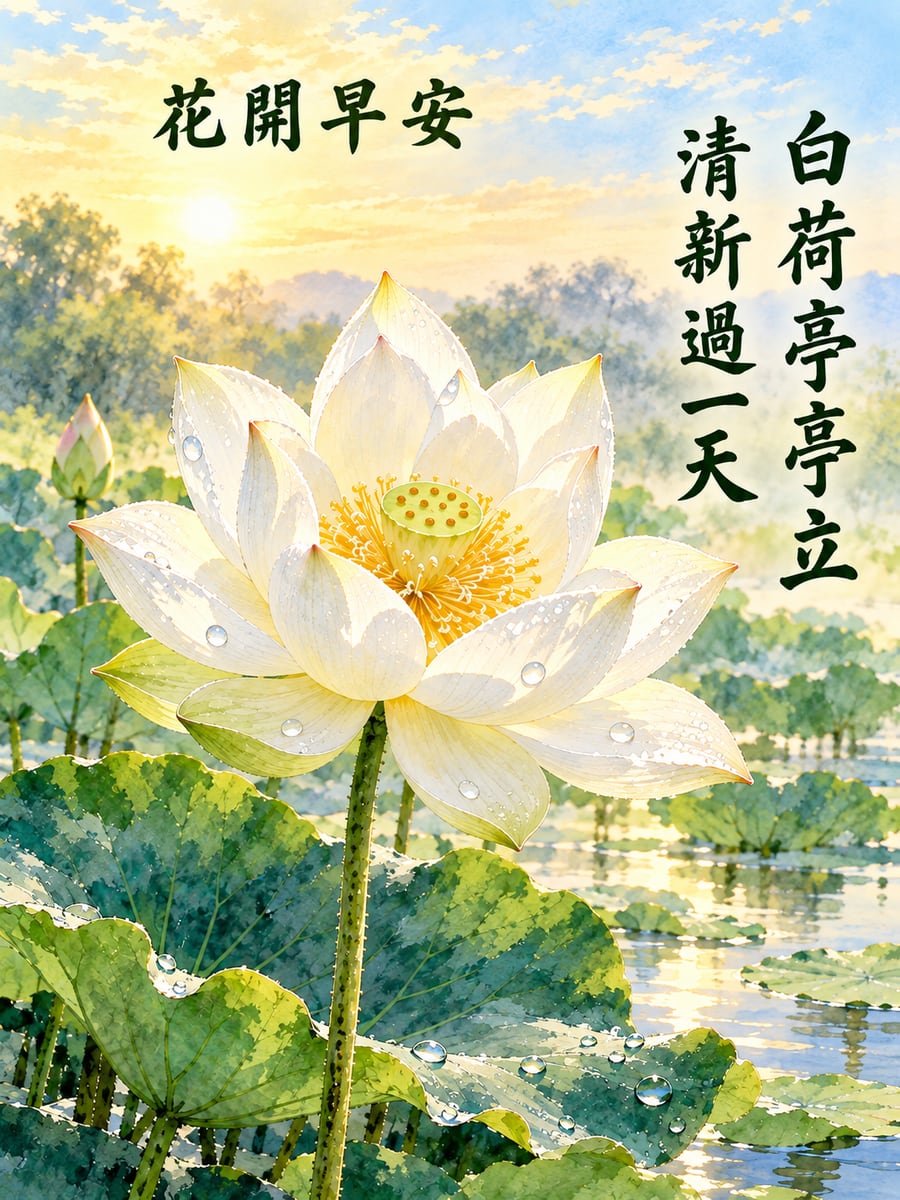 白荷亭亭。圖中文字：花開早安，白荷亭亭立，清新過一天