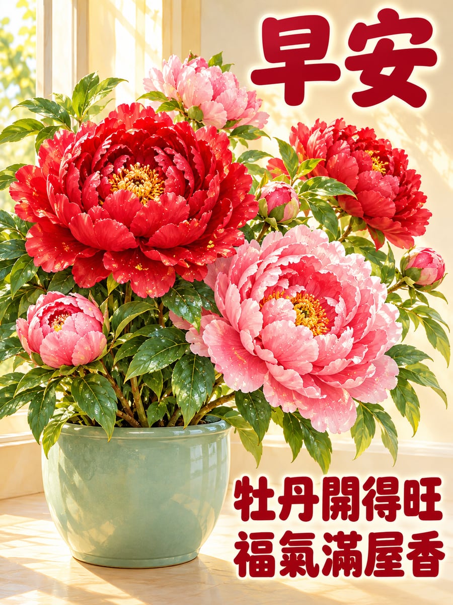紅粉牡丹。圖中文字：早安，牡丹開得旺，福氣滿屋香