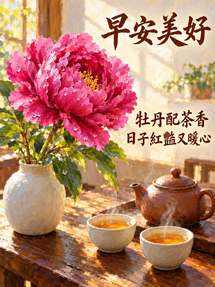 牡丹與茶席。圖中文字：早安美好，牡丹配茶香，日子紅豔又暖心