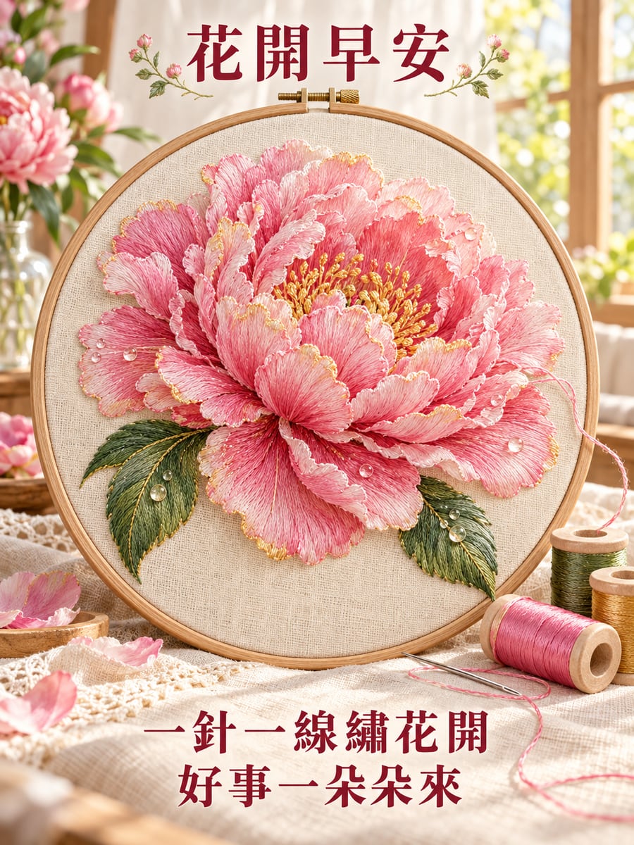 刺繡牡丹。圖中文字：花開早安，一針一線繡花開，好事一朵朵來