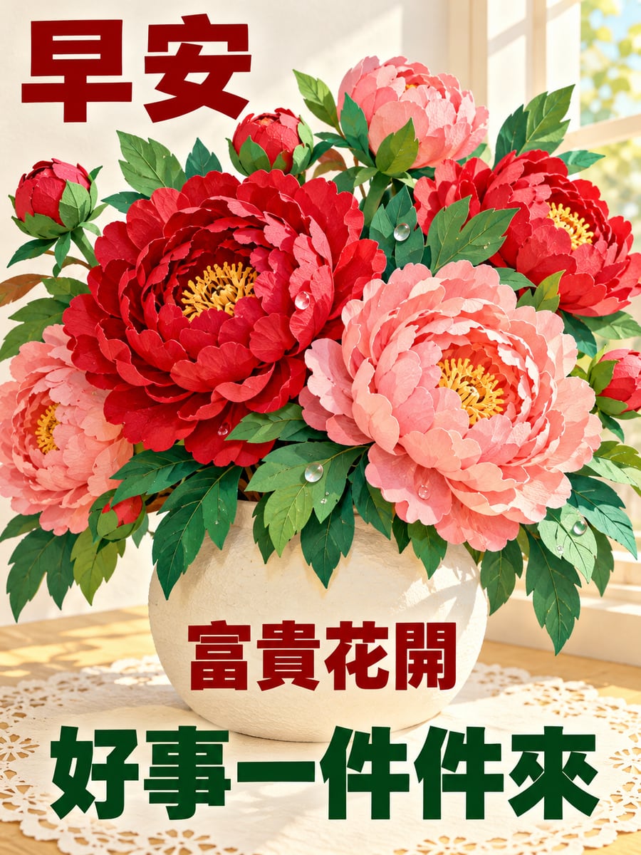 剪紙牡丹花瓶。圖中文字：早安，富貴花開，好事一件件來