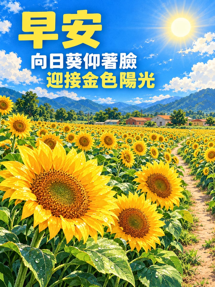 向日葵花田。圖中文字：早安，向日葵仰著臉，迎接金色陽光