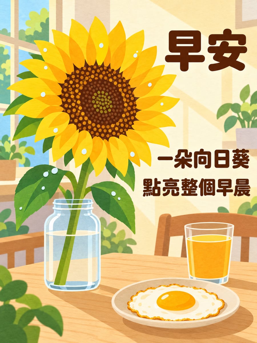 一朵向日葵。圖中文字：早安，一朵向日葵，點亮整個早晨
