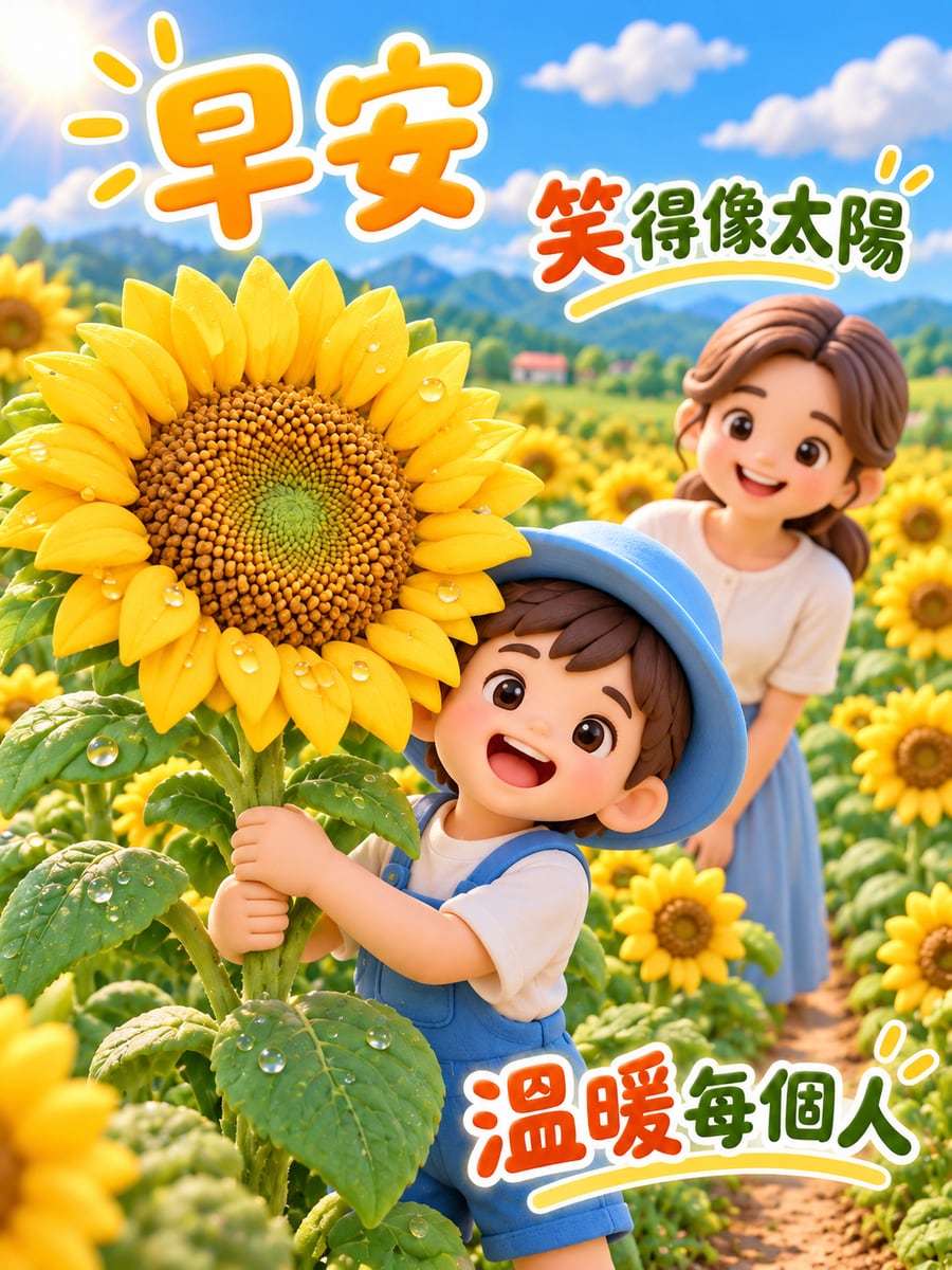 抱著向日葵的男孩。圖中文字：早安，笑得像太陽，溫暖每個人