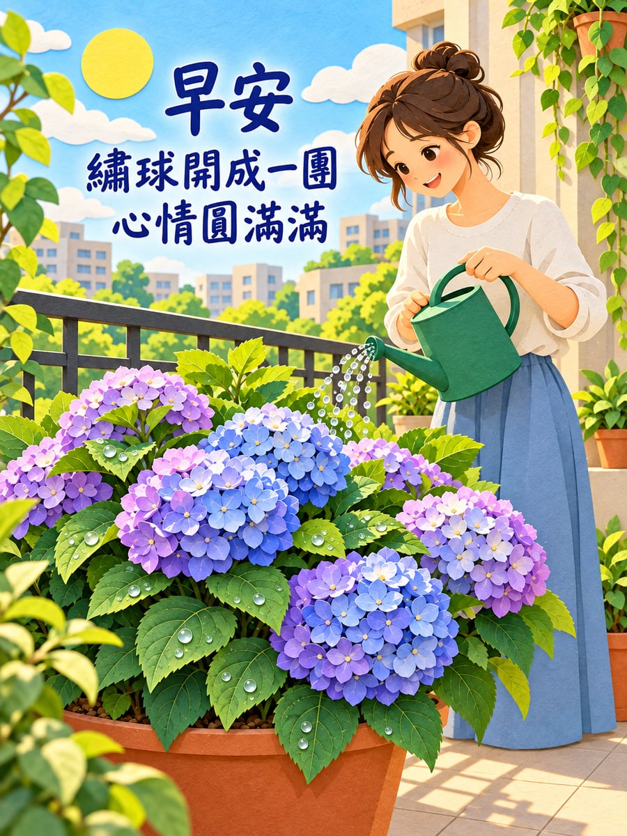 陽台的繡球花。圖中文字：早安，繡球開成一團，心情圓滿滿