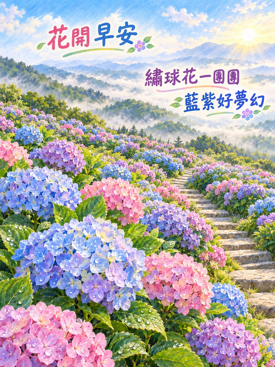 高地繡球花田。圖中文字：花開早安，繡球花一團團，藍紫好夢幻