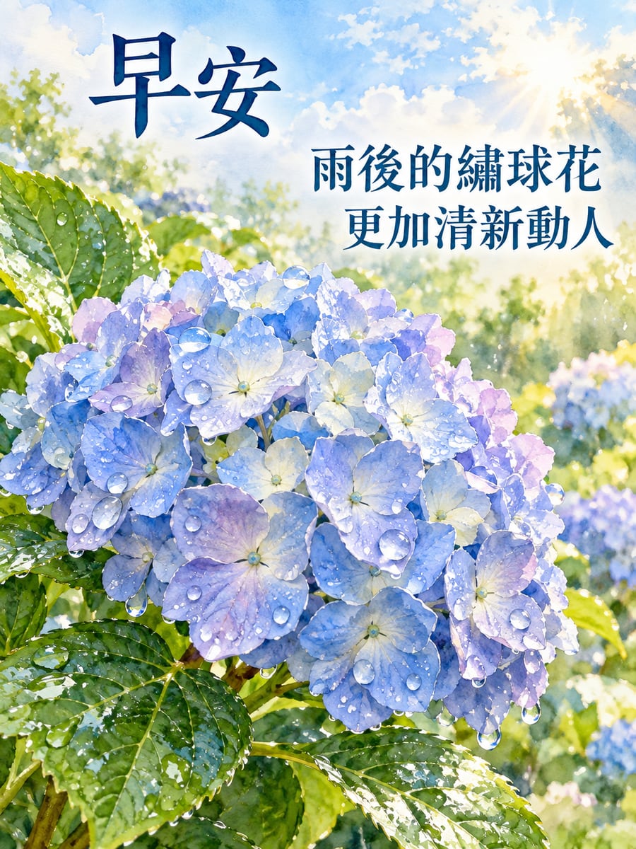 雨後的繡球。圖中文字：早安，雨後的繡球花，更加清新動人