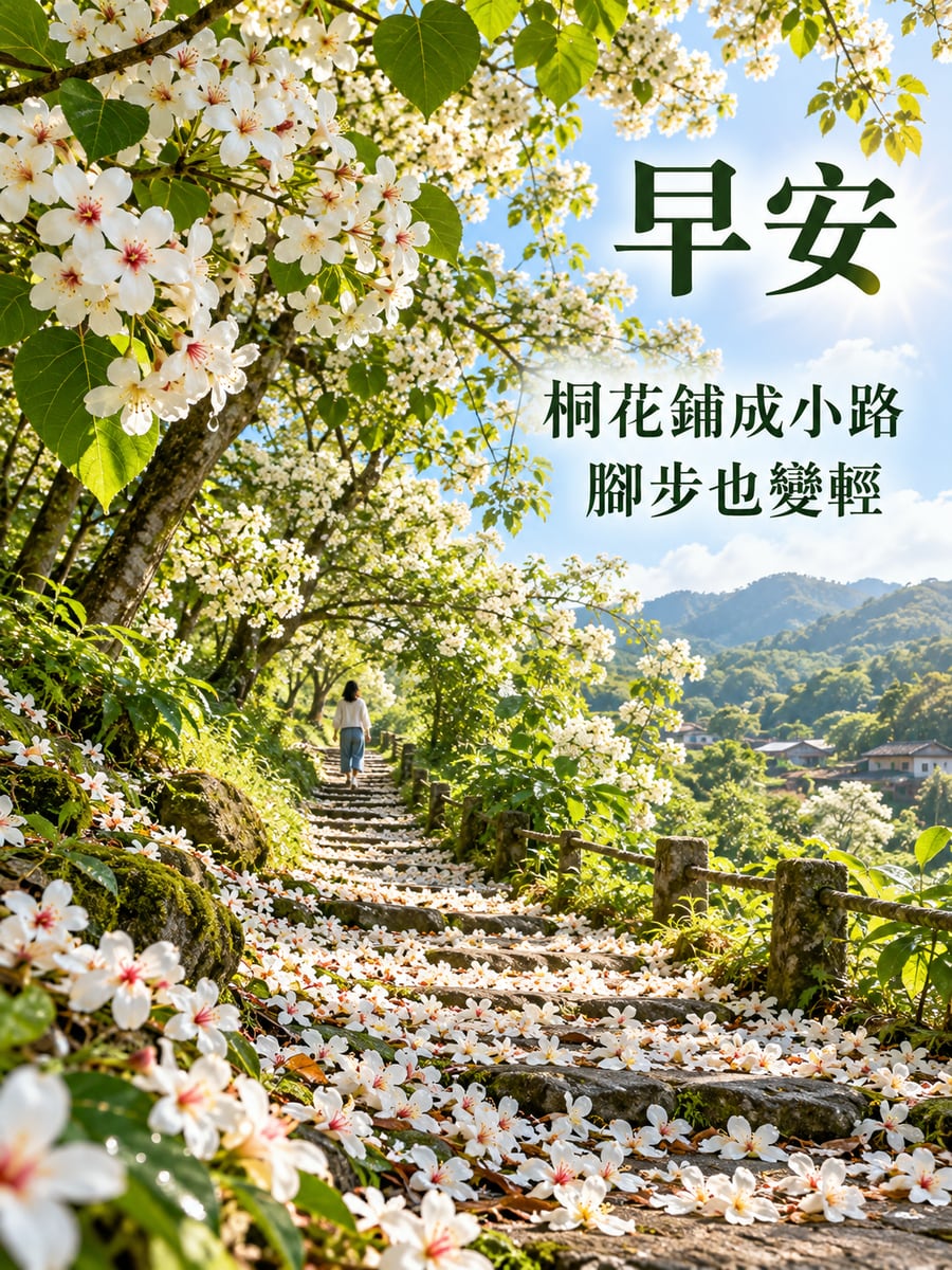 桐花步道。圖中文字：早安，桐花鋪成小路，腳步也變輕